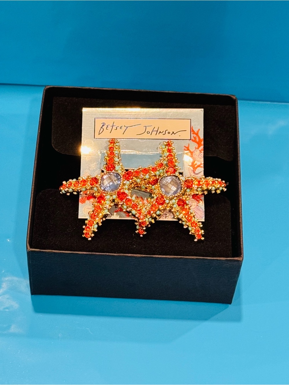 NWT Betsey Johnson Orange Starfish Earrings with Blue Crystal Accents ✨💲68
